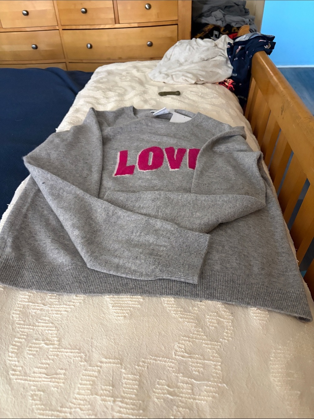 Magaschoni Gray Crewneck Sweater with Pink LOVE Logo
